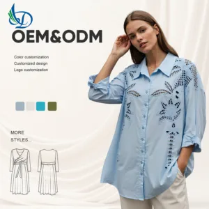 2026 New Women's Long Sleeved Casual Shirt, Solid Color Hollow Embroidery Spring Shirt, Suitable for Daily Wear