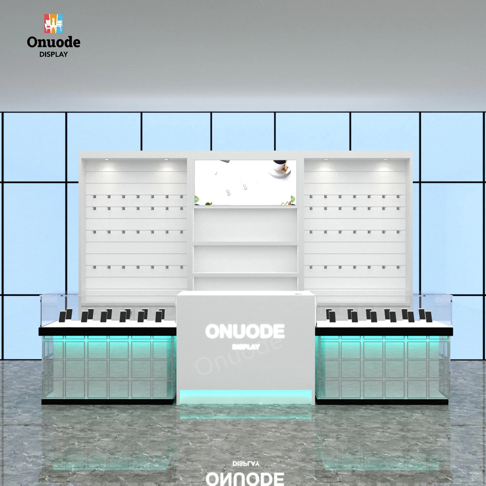 Store Front Counter Kiosk with LED Light Front Shelf Design for Cell Phone Display Showcase