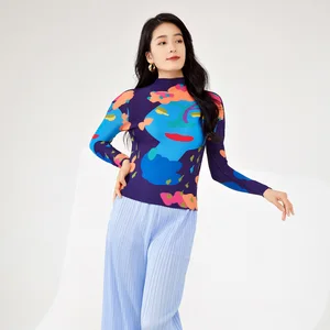 Women's High Quality Stretch Printed Long Sleeve Top Personalized Pleated T-Shirt Casual Style Floral Pattern Spring Summer