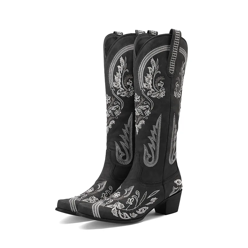 Hot Selling Female Floral Embroidery Knee High Boots Pointed Toe Women Chunky Heel Rhinestone Western Cowboy Boots - Image 5