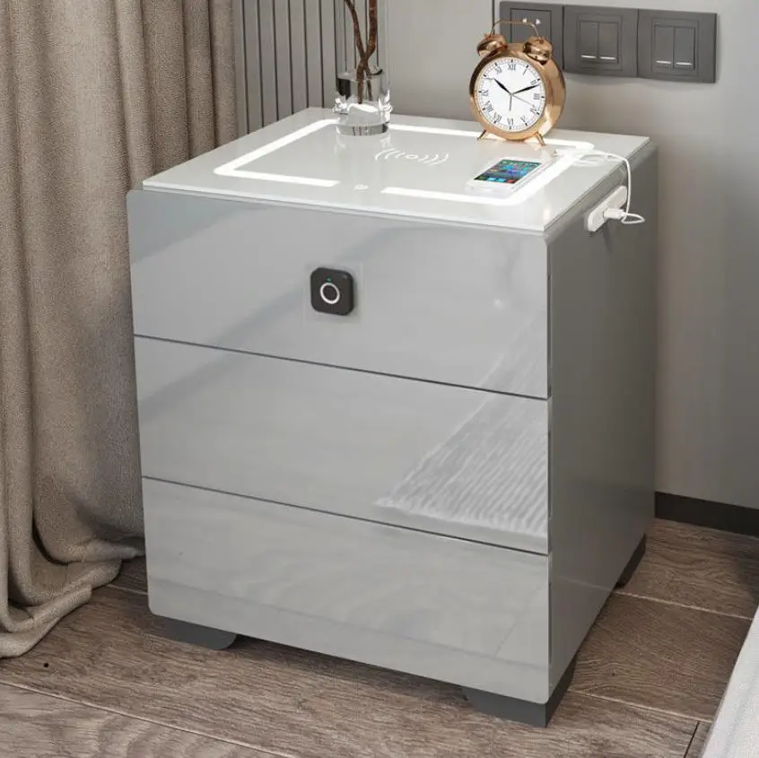 Bedroom Smart Nightstand Bedside Table With Speakers Glass Top Led