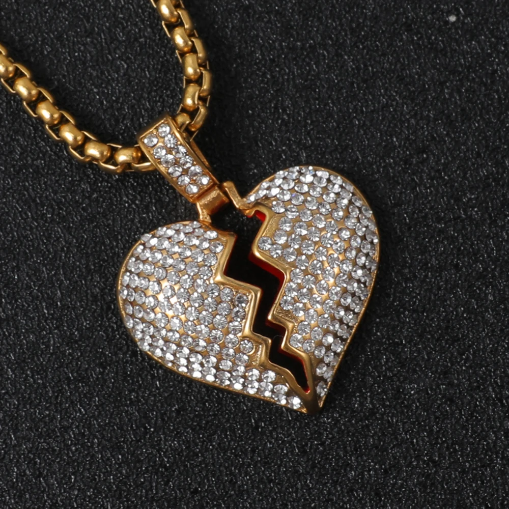 Men's Iced Out Full Diamond Broken Heart Pendant Necklace Chain Silver ...