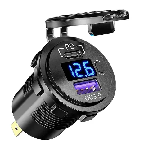 12V USB C Car Charger Socket 48W PD Type C QC 3.0 Car Charger Type C Port Socket Voltmeter with ON/Off Switch Waterproof