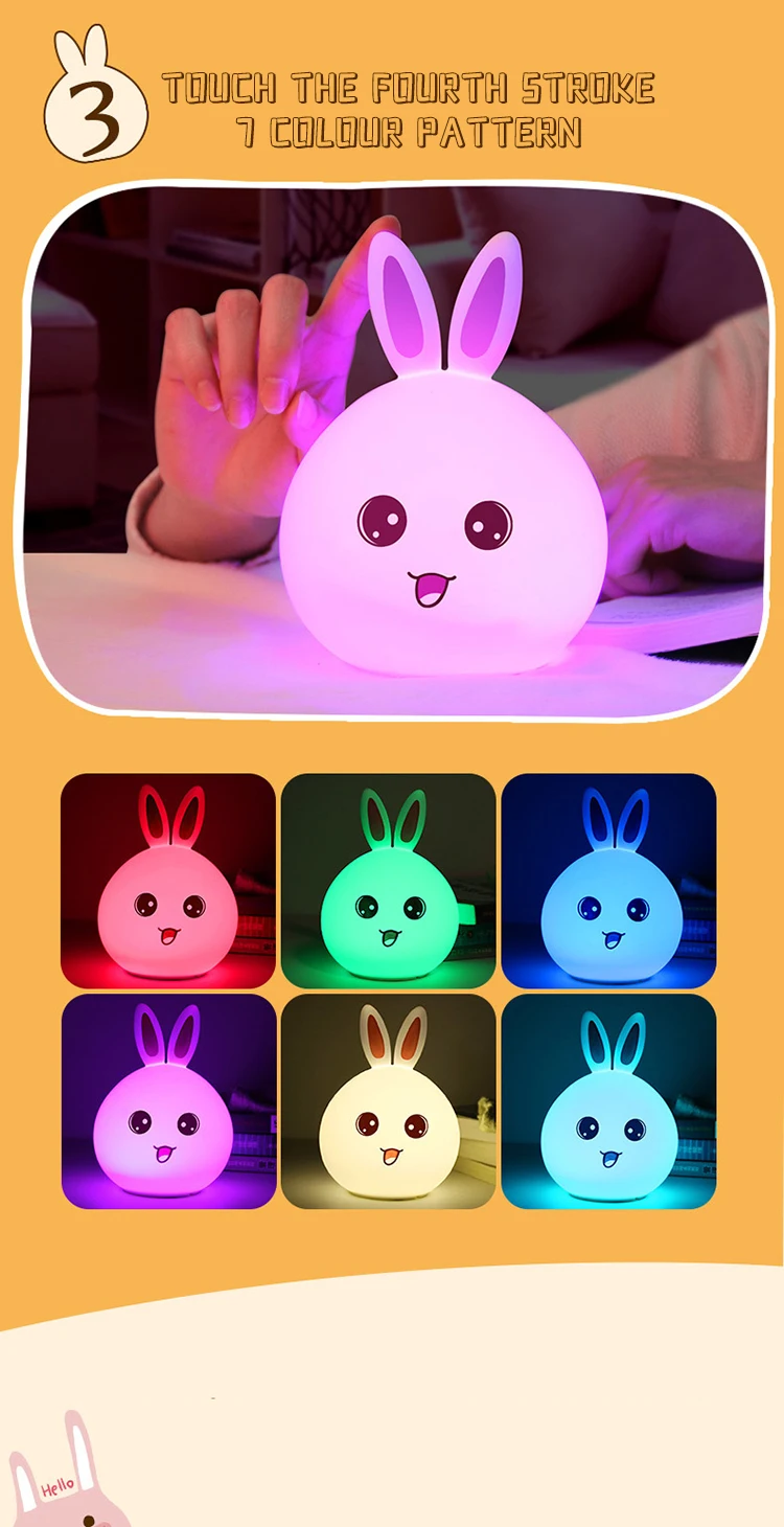 Multi Color Changing Rabbit cartoon led Lamp touch sensor Baby Night Light idea cute Soft Silicone Bunny Nursery Light details