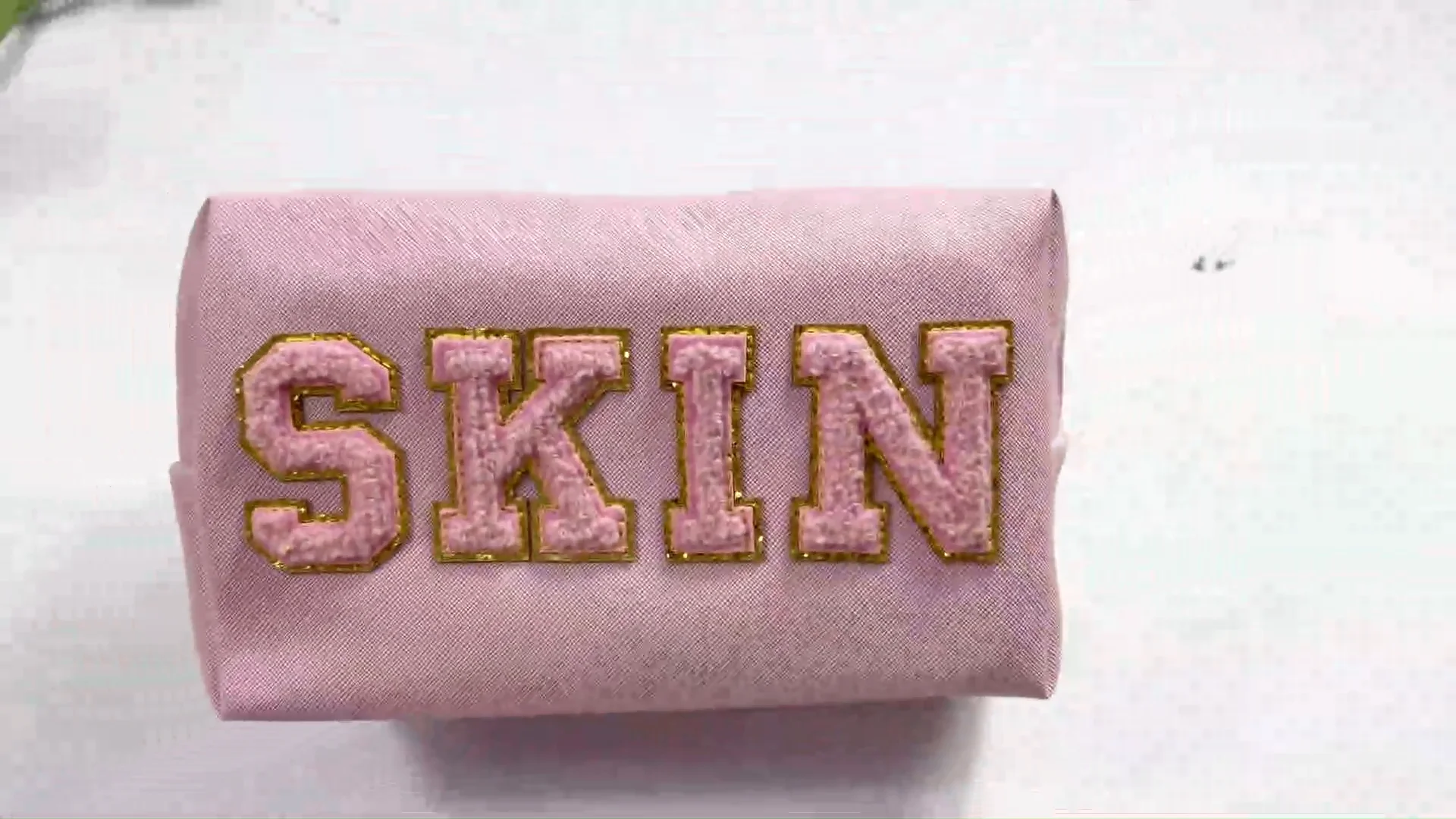 Waterproof Preppy Patch Skin Varsity Letter Pu Leather Cosmetic Bag