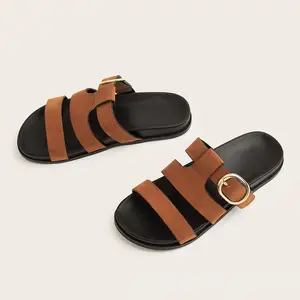 BUSY GIRL CXX145 Women's Flat Sandals Women's Brown Suede Slide Sandals Strap with Gold Buckle Open Toe Slippers for Ladies