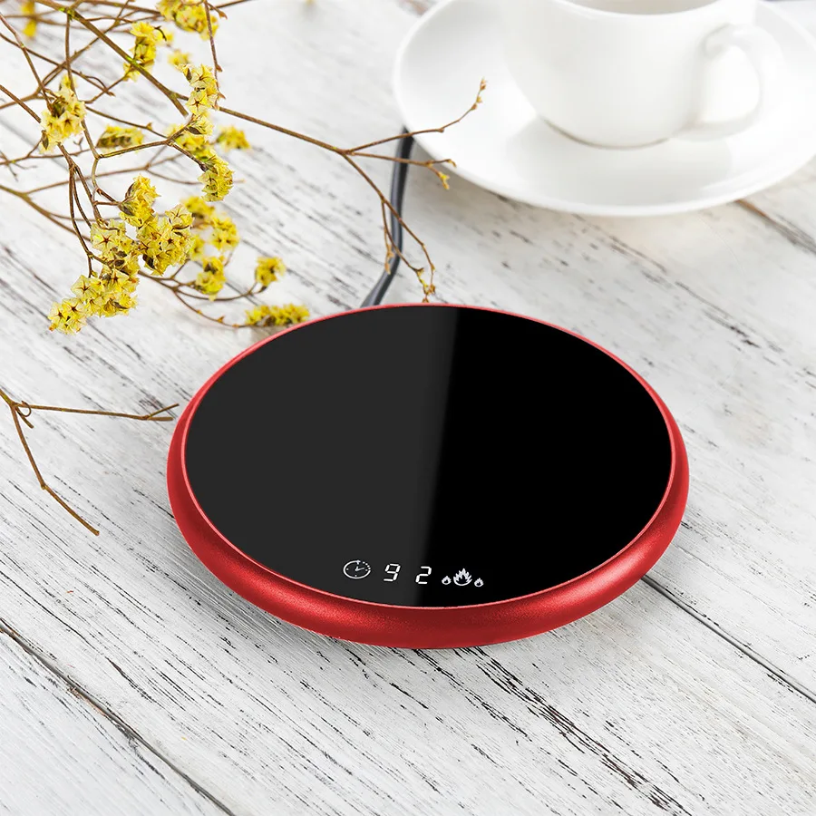 Smart Round coaster Touch Sensor Self Heating Metal Shell Glass Panel Digital Display Coffee Cup Warmer