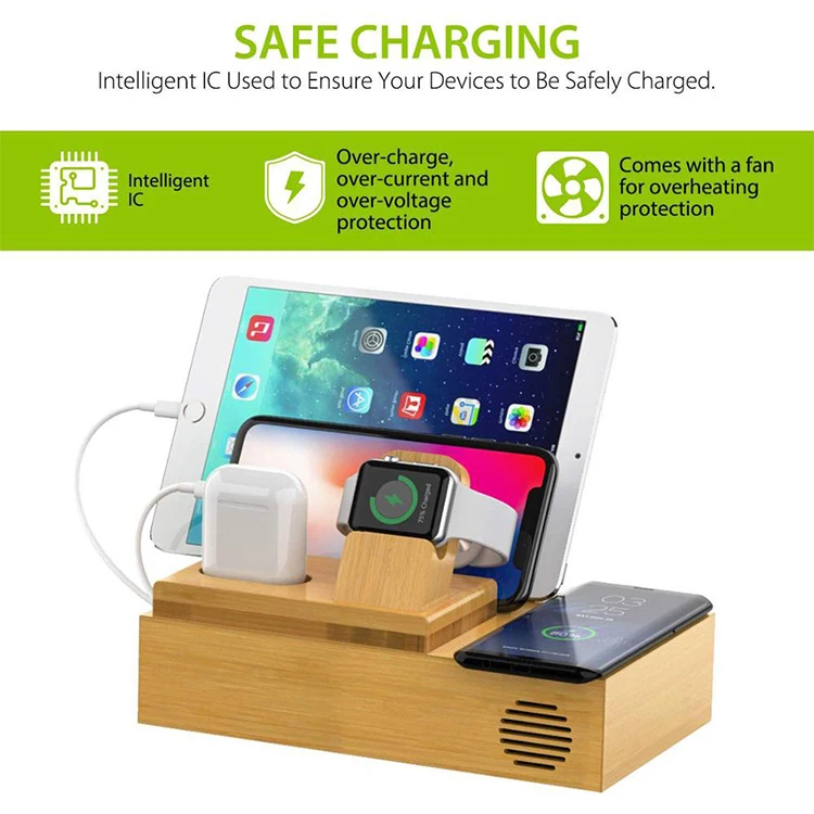Удобная бамбуковая зарядная станция с 4 USB-портами может использоваться для нескольких устройств