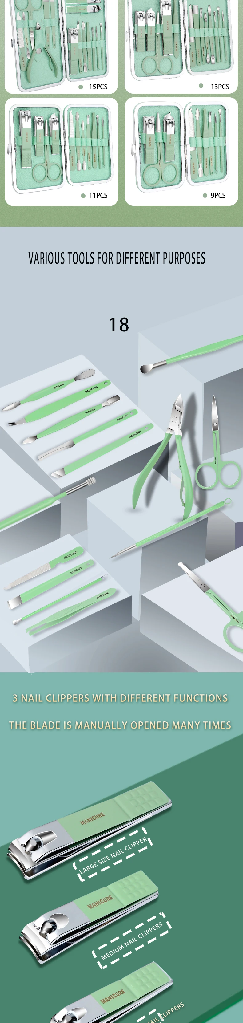 product high quality manicure tool pedicure set nail clippers kit 18 pcs green manicure set-2