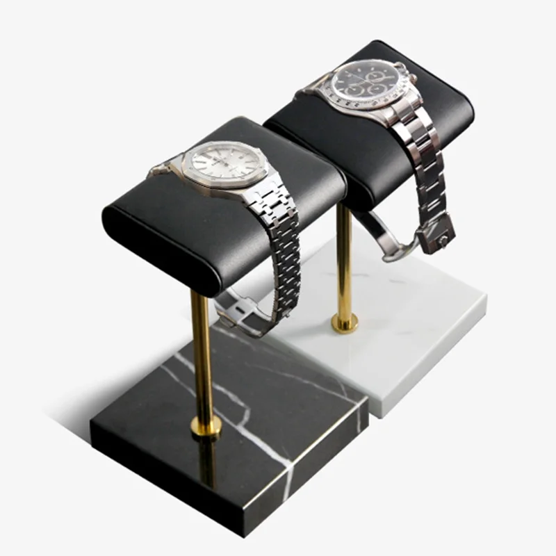 Custom Luxury Marble Jewelry Display Stand Watch Black PU Leather Marble Base Watch Stand