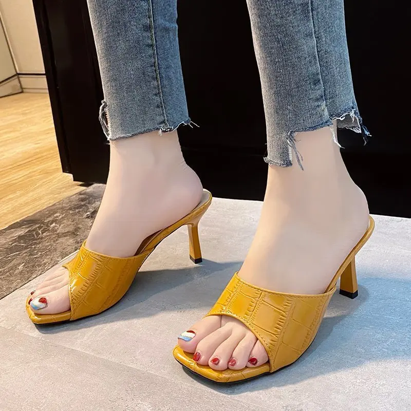 New summer slippers women wear square toe high heels, stiletto half sandals