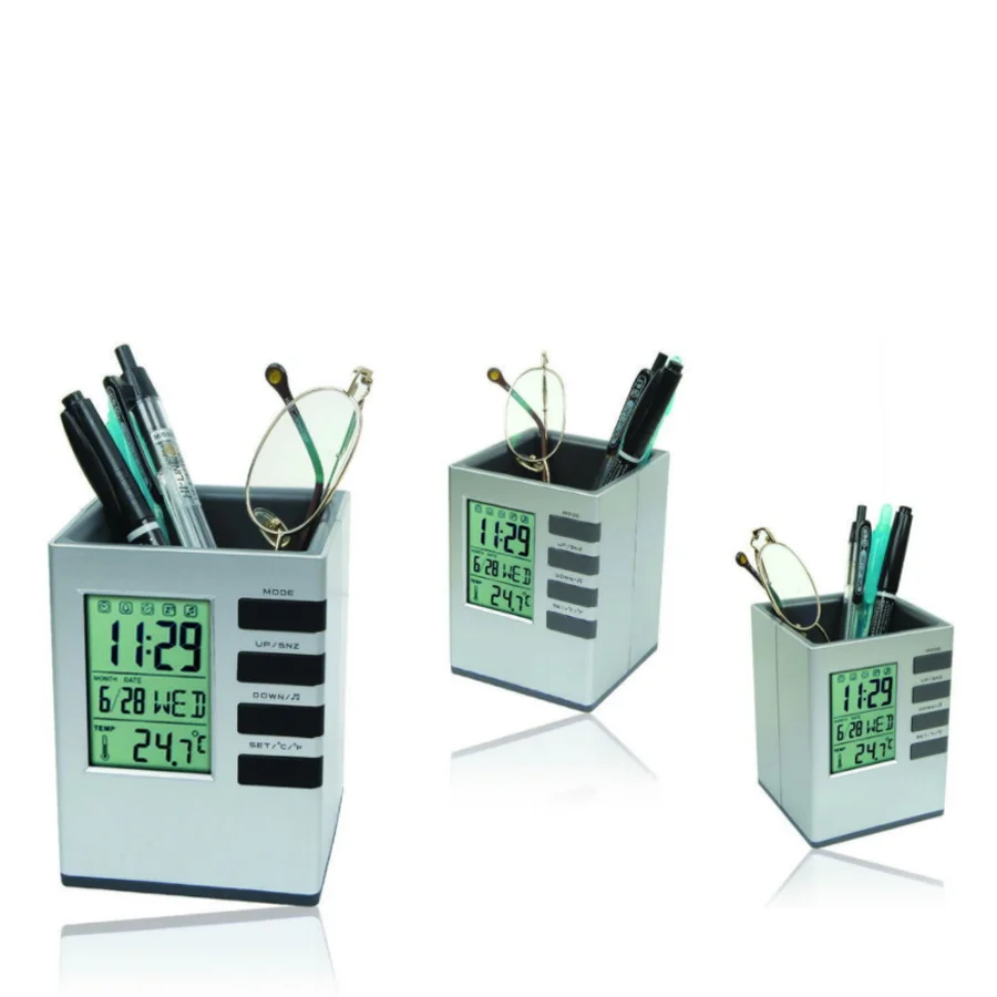Office Plastic Alarm LCD Electronic Clock Pen Holder Brush Pot Container
