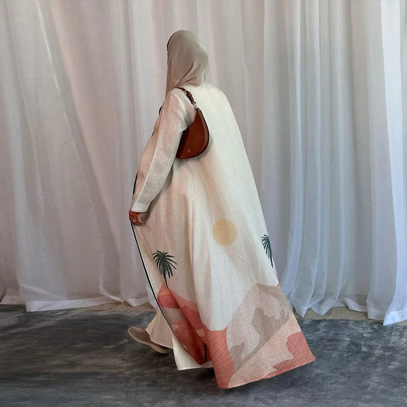 2025 EID Ramadan Modest Abaya Printing Crepe Palestine Kefiyyeh Dubai Abaya Dress Turkey Girl Kimono Muslim Women Dress