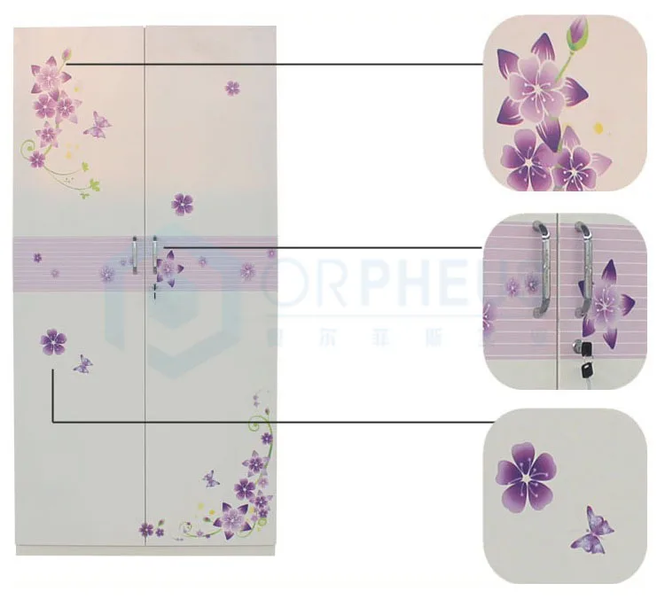 Pattern Printing  Designs Bedroom Steel Flower Printing 2 Doors Wardrobe Steel Almirah Wholesale