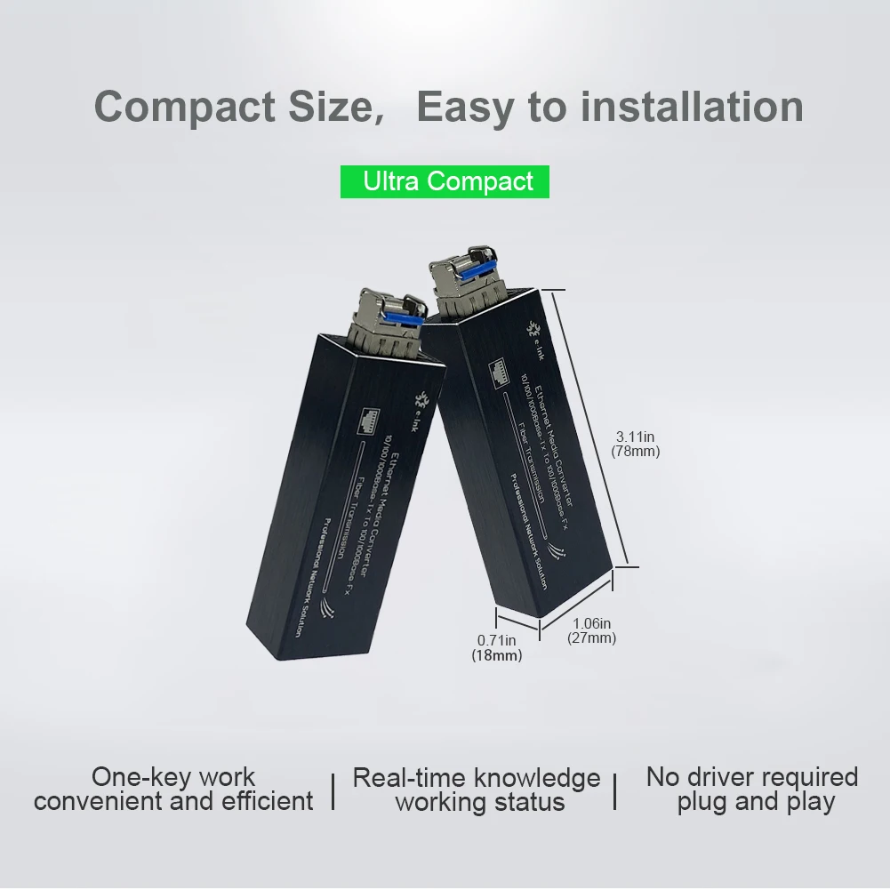 Micro Mini Size 10 100 1000BASE-T to 100 1000BASE-X SFP Fiber Media Converter 5V USB Type-C Input or PoE Powered