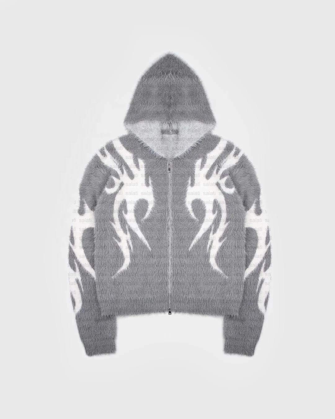 Custom Zipped Print Cut and Sew Relaxed Fit Double Zip Zip up Fur Fuzzy Knitted Unisex Cropped Mohair Hoodies for Men gallery 4