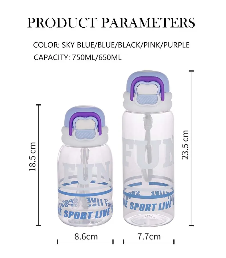 Eco-Friendly 650ml Tritan Portable Plastic Water Bottle with Flip Straw Beautiful Colours BPA-Free Sippy Cups for Camping