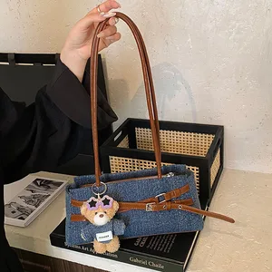 Horizontal Baguette Shoulder Square Bag  2026 New Denim Niche Design Shoulder Bag with Bear