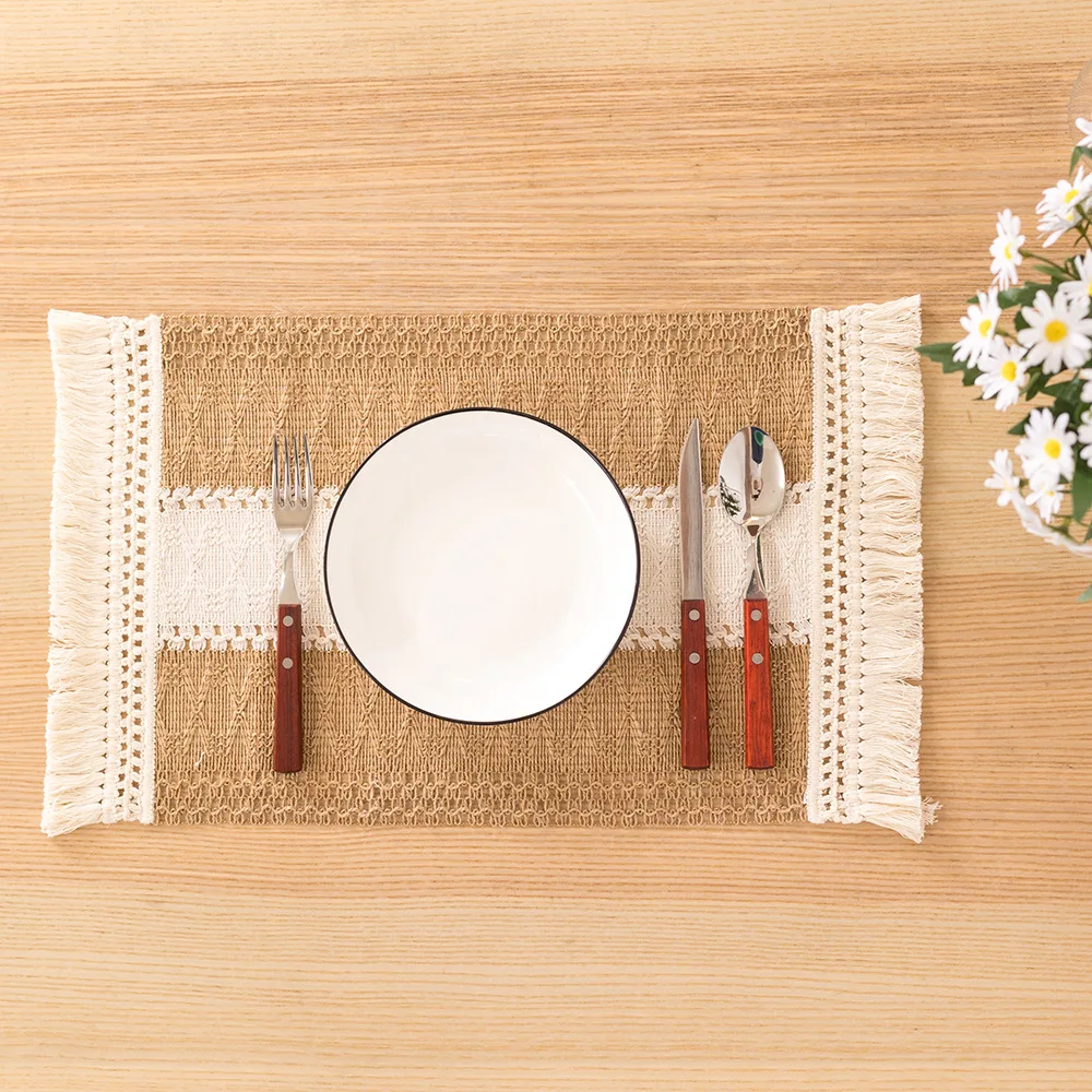 Tabletex New Arrivals Jute Woven Placemats Hemp Cotton Tassel Natural