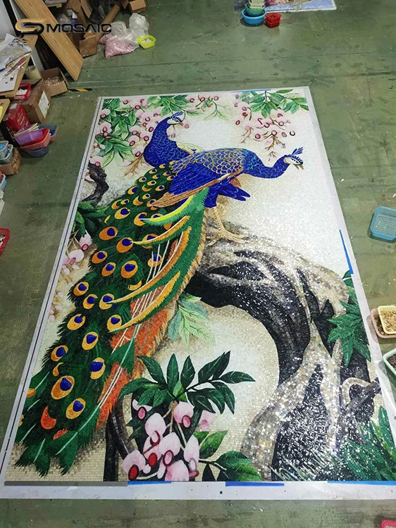 Peacock Pattern Wall Background Design Art Murale Mosaic Customized Beautiful Bird Murale Hand Cutting Mosaic Interior Decor