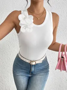 Summer New Fashionable and Elegant Casual Vest, Three-dimensional Flower-decorated Sleeveless Halter Top for Ladies