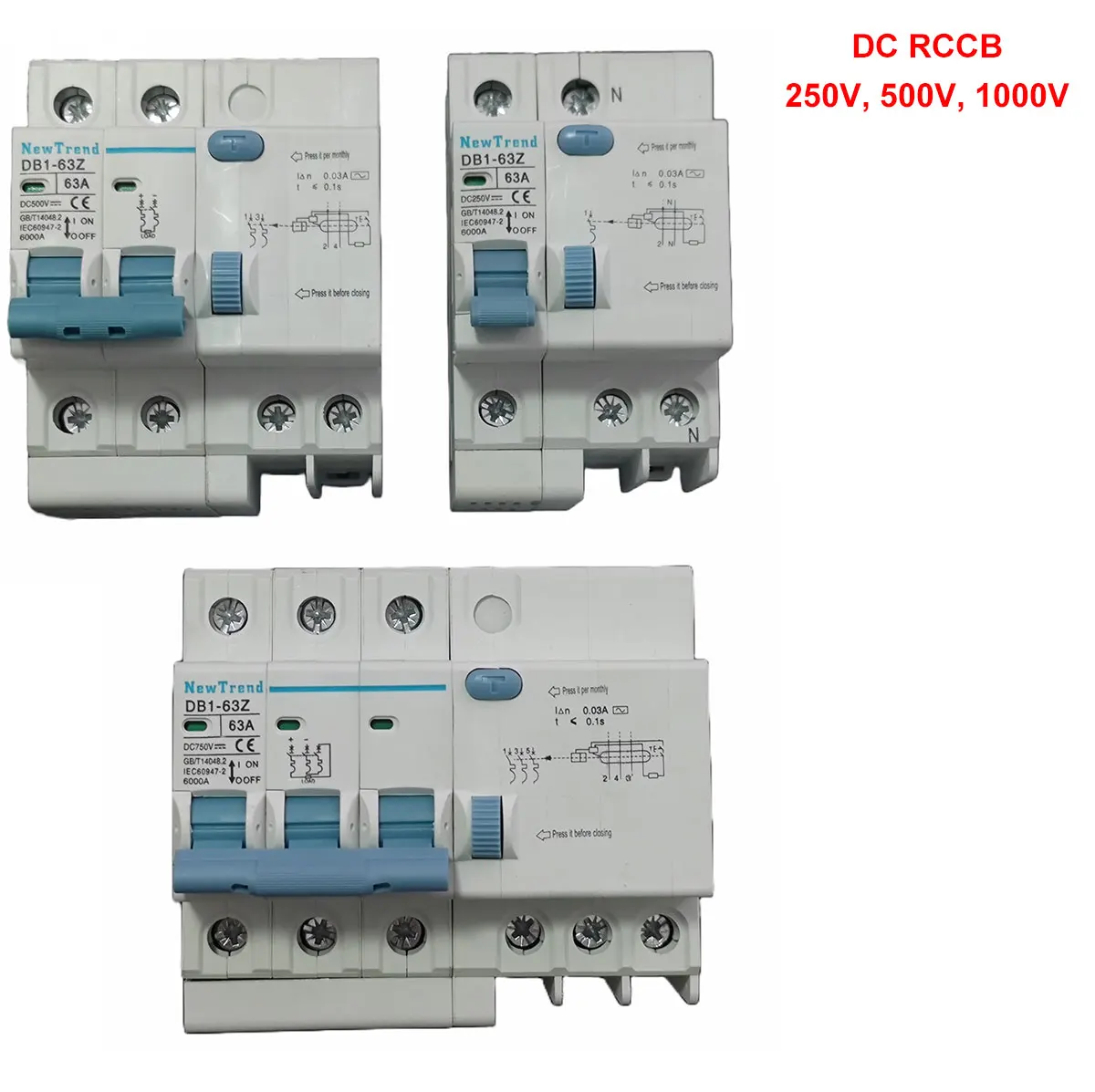 DC RCCB RCD 25A 40A 63A 220V 250V 500V 1000V 30mA 100mA Solar Panel PV Electric Vehicle EV Charger Earth leakage circuit breaker