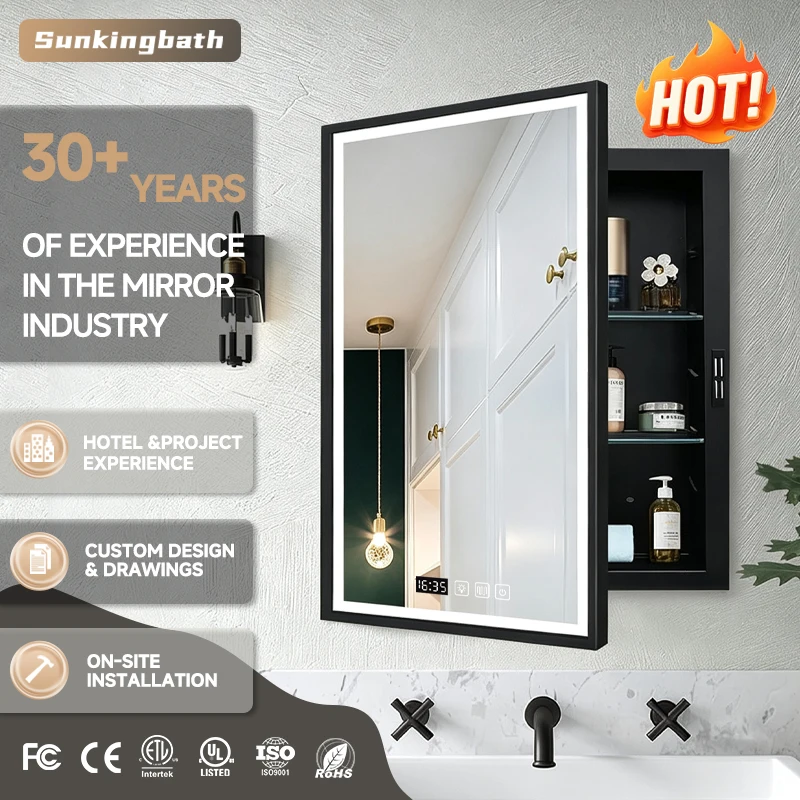 Lighted Recessed LED Mirror Cabinet Anti-Fog Wall Mounted Stainless Touch Bathroom Medicine Cabinet with 3 Adjustable Shelves