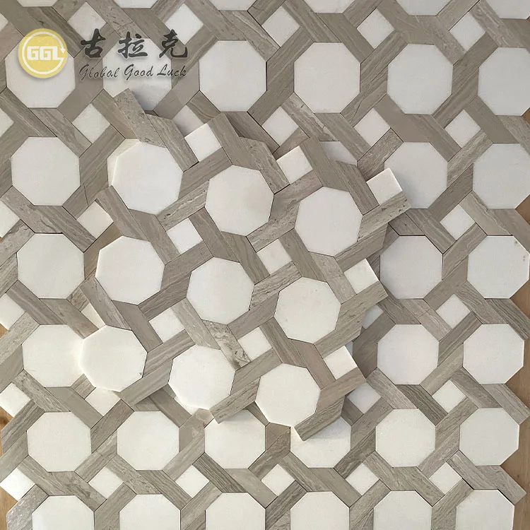 Thassos white Marble mix Wood Marble Octagon Shape Marble Floor for Bathroom Tile details