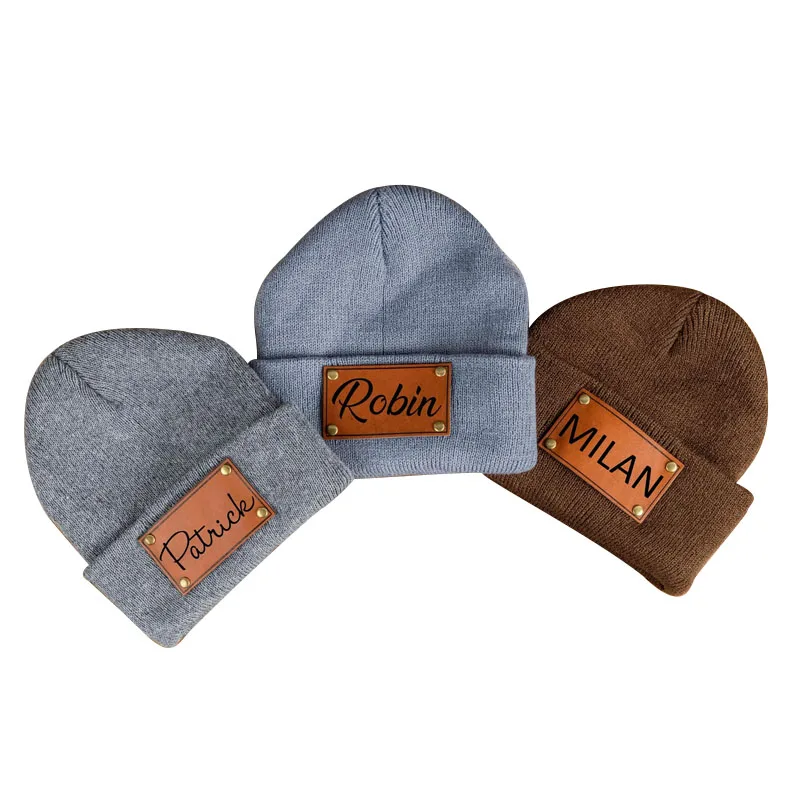 Personalized Leather Patch Beanies Name Baby Skullies Knit Custom Hat