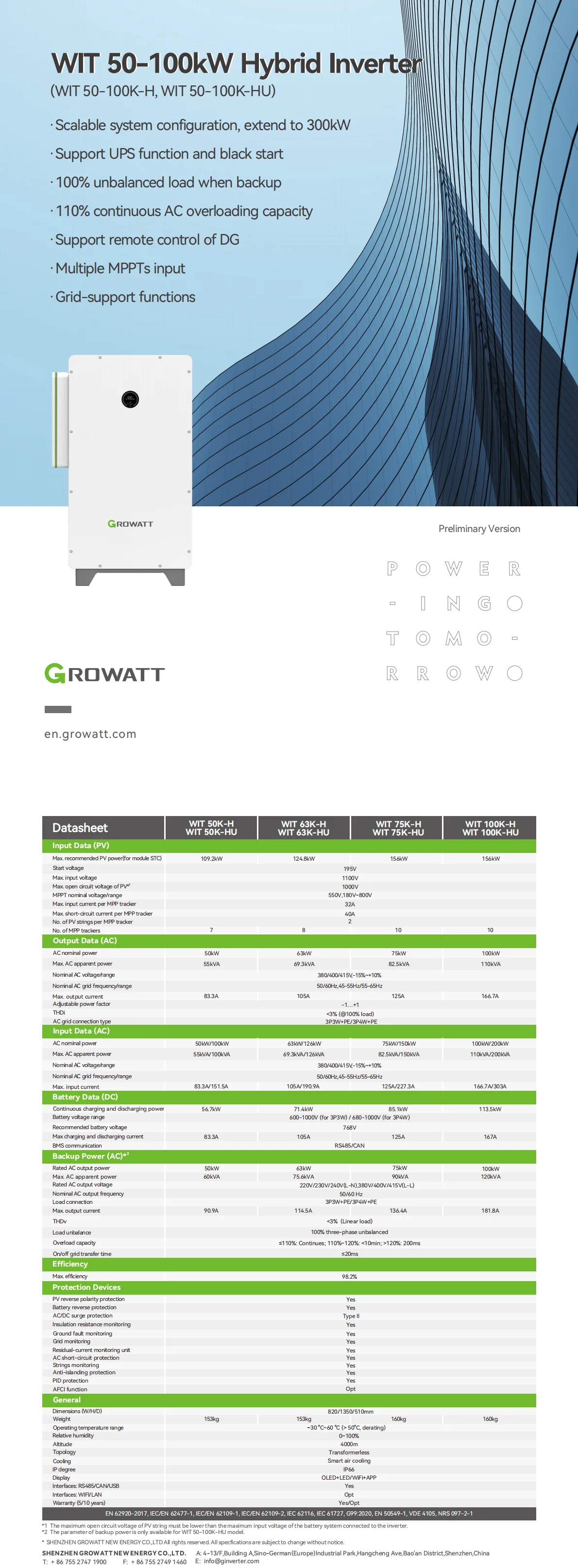 Growatt WIT 50-100K-H/HU Hybrid Solar Inverter 50KW 100KW Three-Phase ...