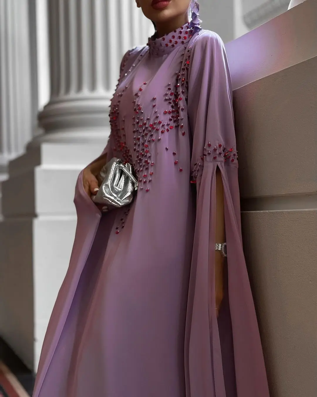 Eid Dress 2026 U.Chic Open Abaya Bead Design Collar Muslim Purple Silk  Jalabiya Dress With Muslim Daily Abaya Women Muslim Dress