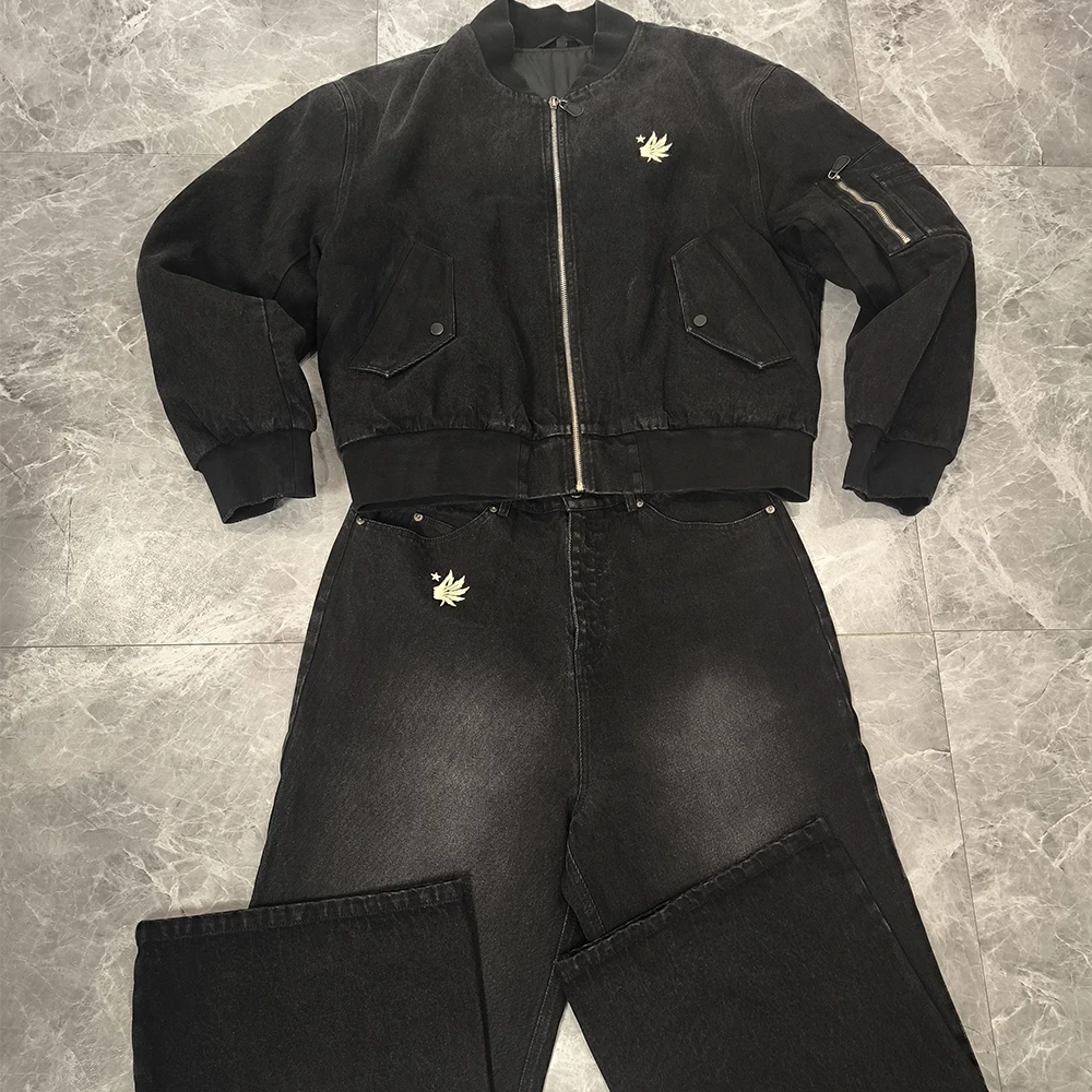 Custom Washed Full Zip up Vintage Distressed Stone Acid Washed Streetwear Sweatsuit Flared Sweatpants and Hoodie Set Men factory
