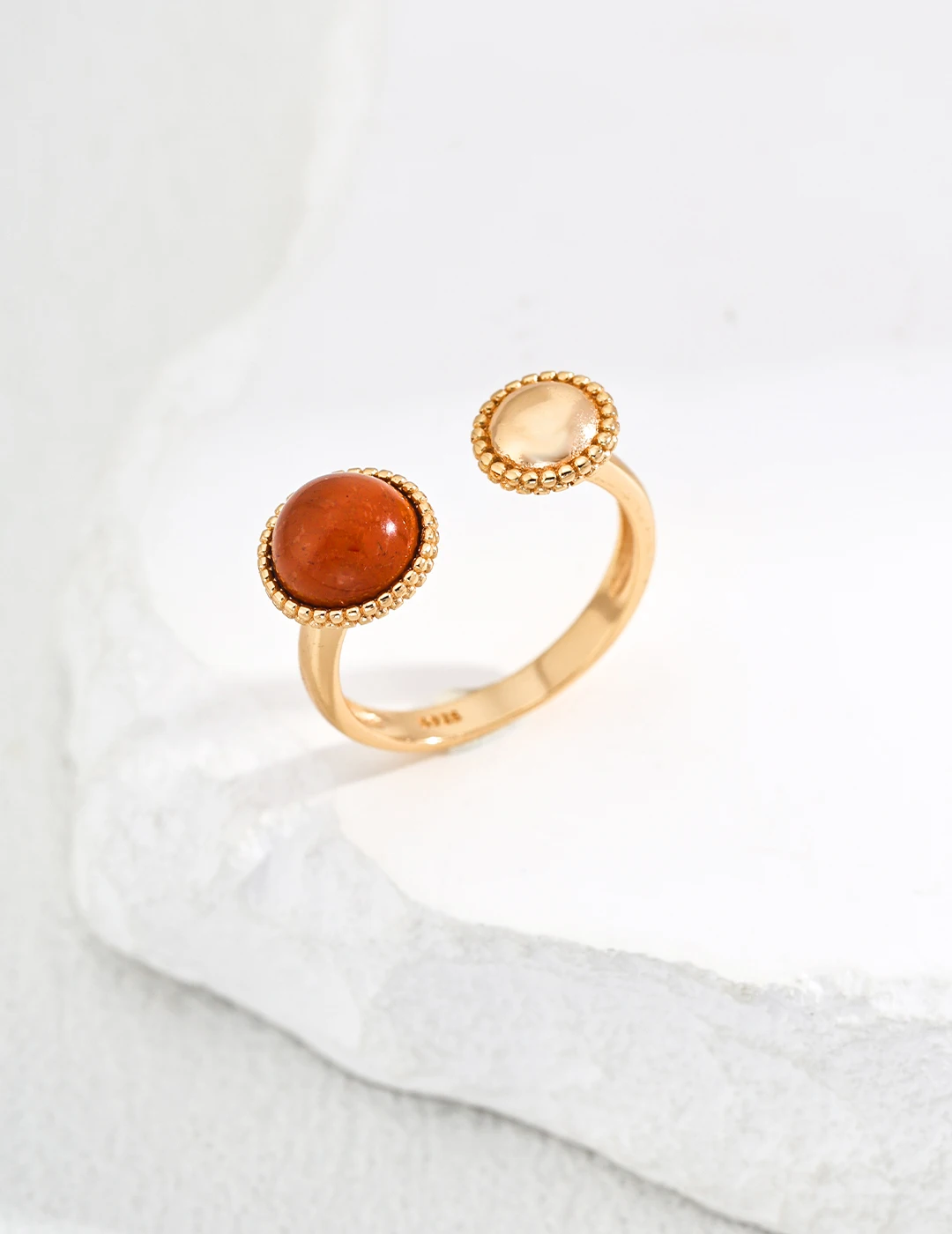 S925 Sterling Silver Minimalist Red Jasper & Moonstone Open Ring 18K Gold Plated Dual Gemstone Luxury Jewelry for Women