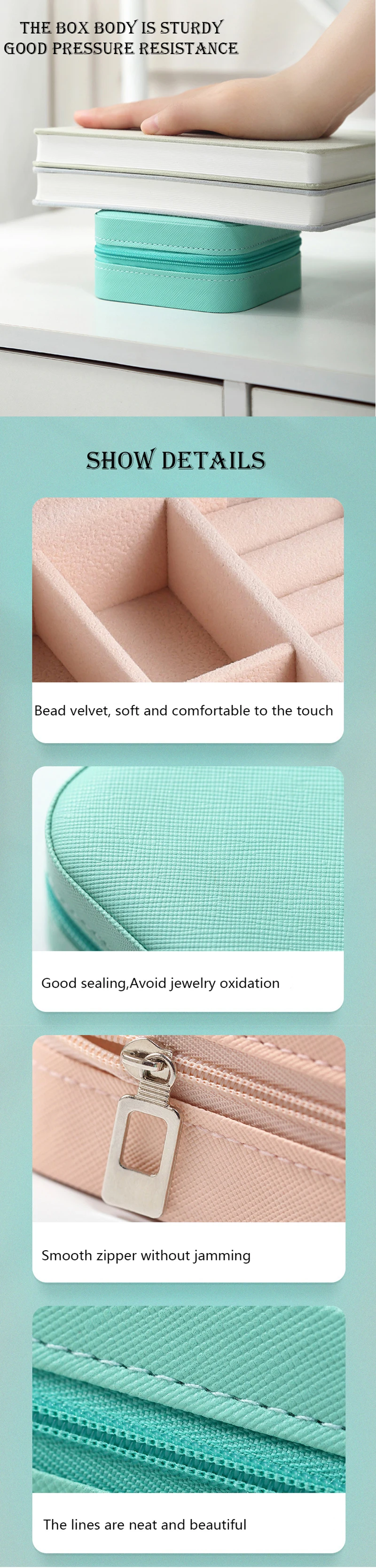 product a1 portable square shape storage jewelry case zipper box pu leather jewelry boxes necklace pendant earring ring organizer-3