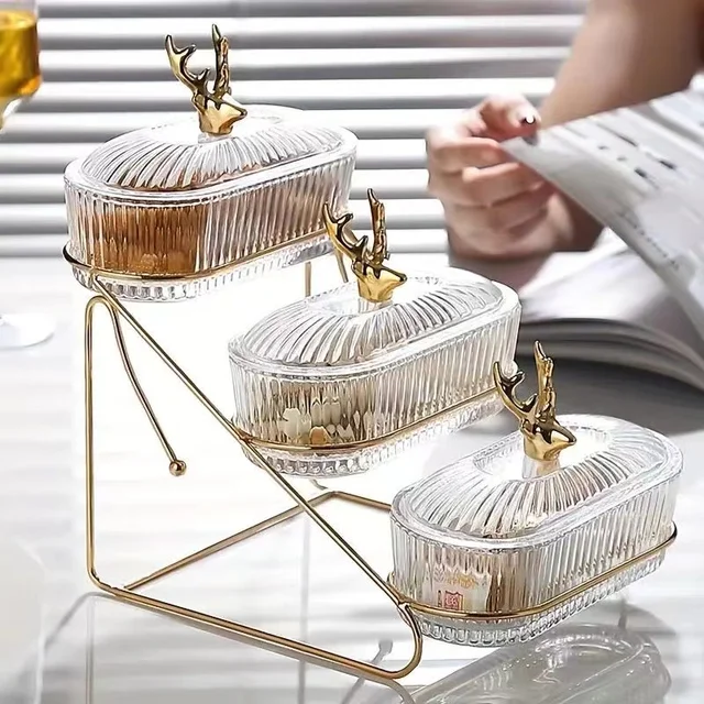 New Party Decorations Gold Dessert Tray Set Cute Deer Three-layer Glass Fruit Tray Serving Dried Nuts Plates Glass Tray