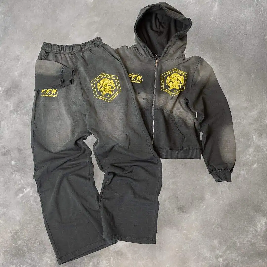 Manufacturer Streetwear Custom Distressed Embroidery Zip Sweatsuit Hoodie and Jogger Sweatpants Set Flare Tracksuit for Men gallery 4