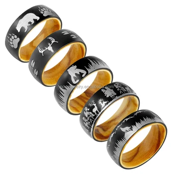 POYA 8mm Olive Wood Inlay Ring Forest Landscape Black Hunting Wedding Band for Men