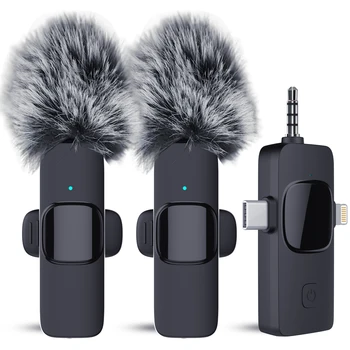 Hitrolink Wireless Lavalier Microphone for iPhoneAndroid Camera with Furry Windproof Cover,3-in-1 Receiver,2 Lavalier Microphone