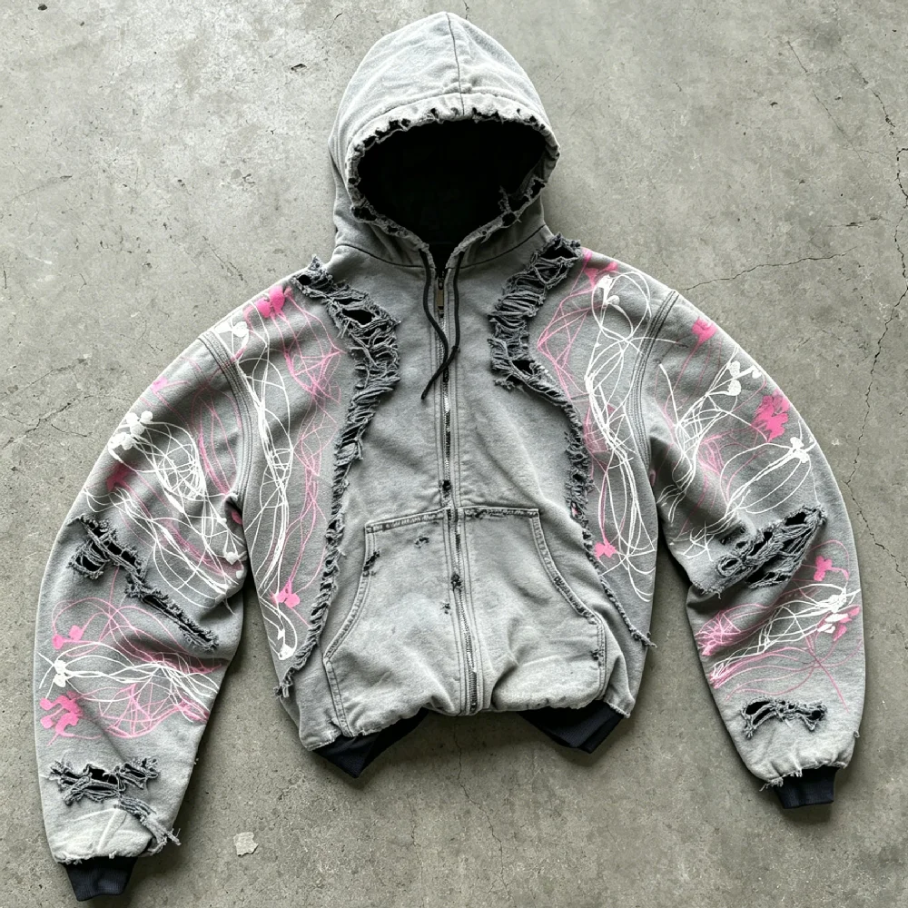 Men Custom Y2K Vintage Wash Heavyweight Thick Real Tree Camouflage Distressed Patch Applique Embroidery Zip up Hoodie gallery 6