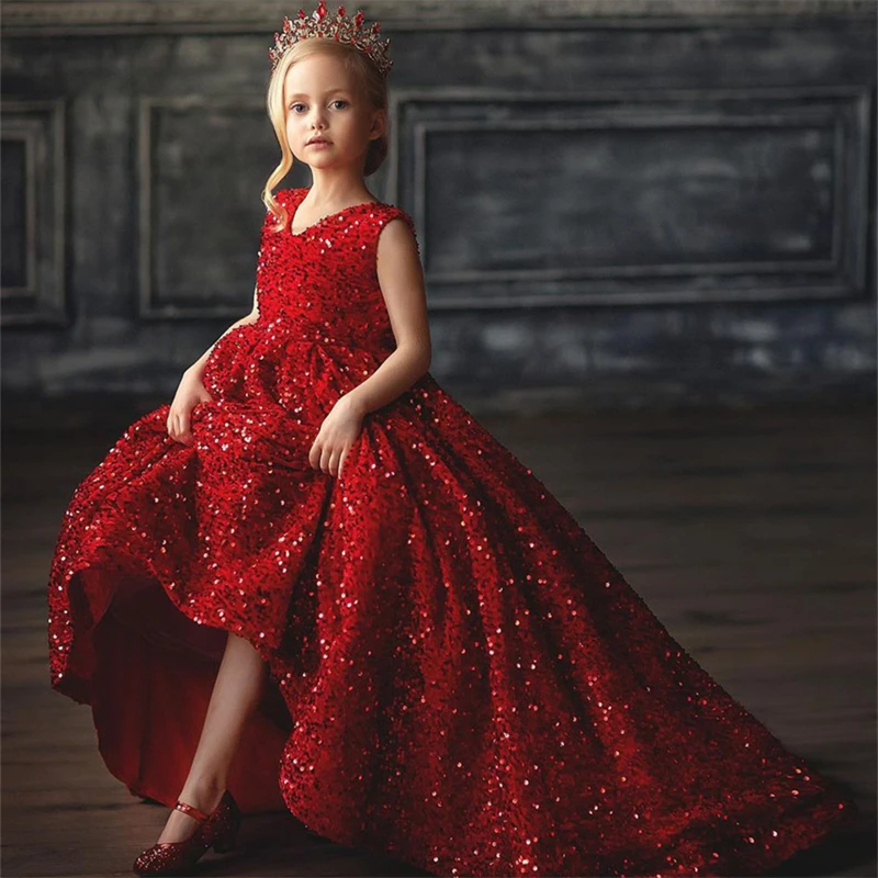 Luxury Princess Red Glitter Christmas Party Dress For Girls Oem