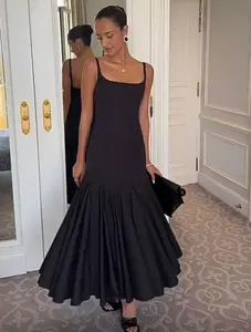 Spaghetti Strap Backless Sexy Maxi Dress Women Black Off-shoulder Sleeveless High Waist Pleated Club Party Long Dresses