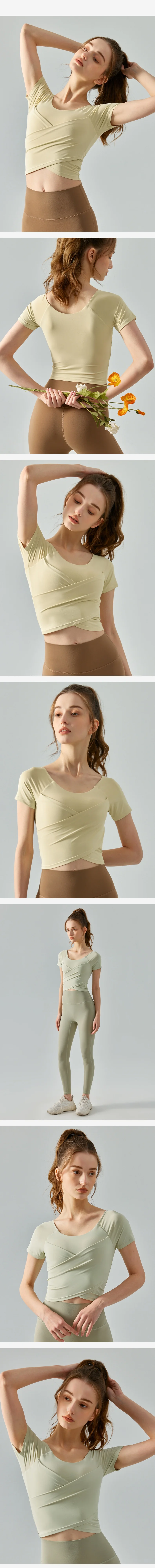 Cross pleated short-sleeved shirt women's all-in-one nude slim-fitting sports short-sleeve shirt fitness top with chest pad Yoga details