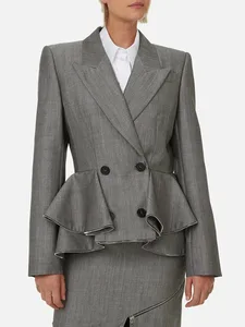 New Women's Double-Breasted Ruffled Peplum Blazer - High-Grade Gray Slim-Fit Office Suit Jacket Oem Odm