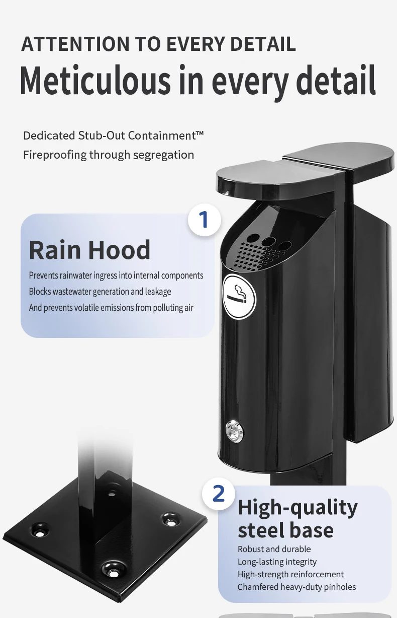 Black Galvanized Steel Sidewalk Ashtray Fireproof Ashtray for Smoking Area Two Trash Bin Smoking Column Accept Fixed on