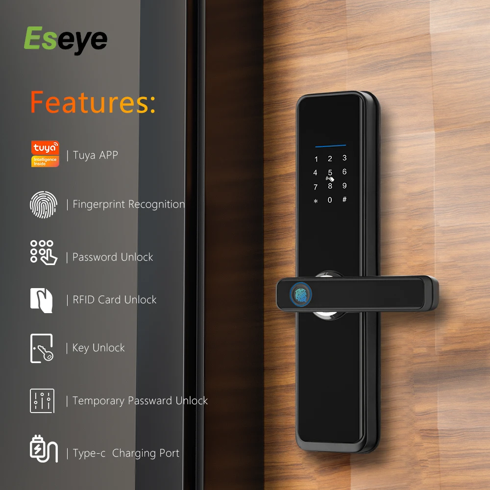 Eseye Fingerprint App Password Lock WiFi Security Waterproof Electronic Door Lock Digital TTlock Smart Lock With Fingerprint
