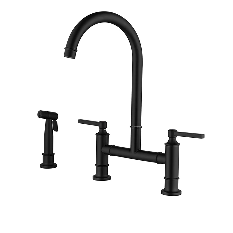 English Cottage Style Three Holes 2 Handle  Kitchen Faucet with Sprayer Brass Bridge Faucet Kitchen Tap