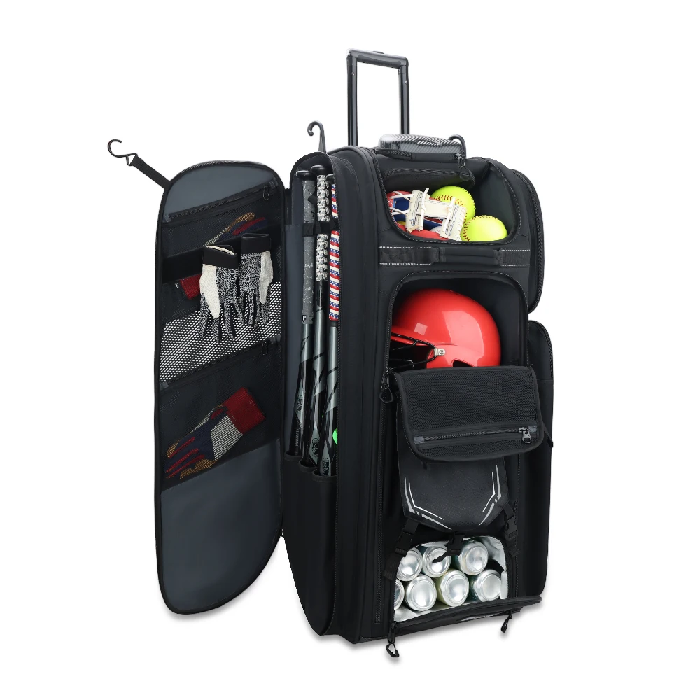 Large Storage Capacity Baseball Kit Bag Long Trolley Slowpitch Softball Gear Cooler Roller Equipment Bag with Wheels for Catcher