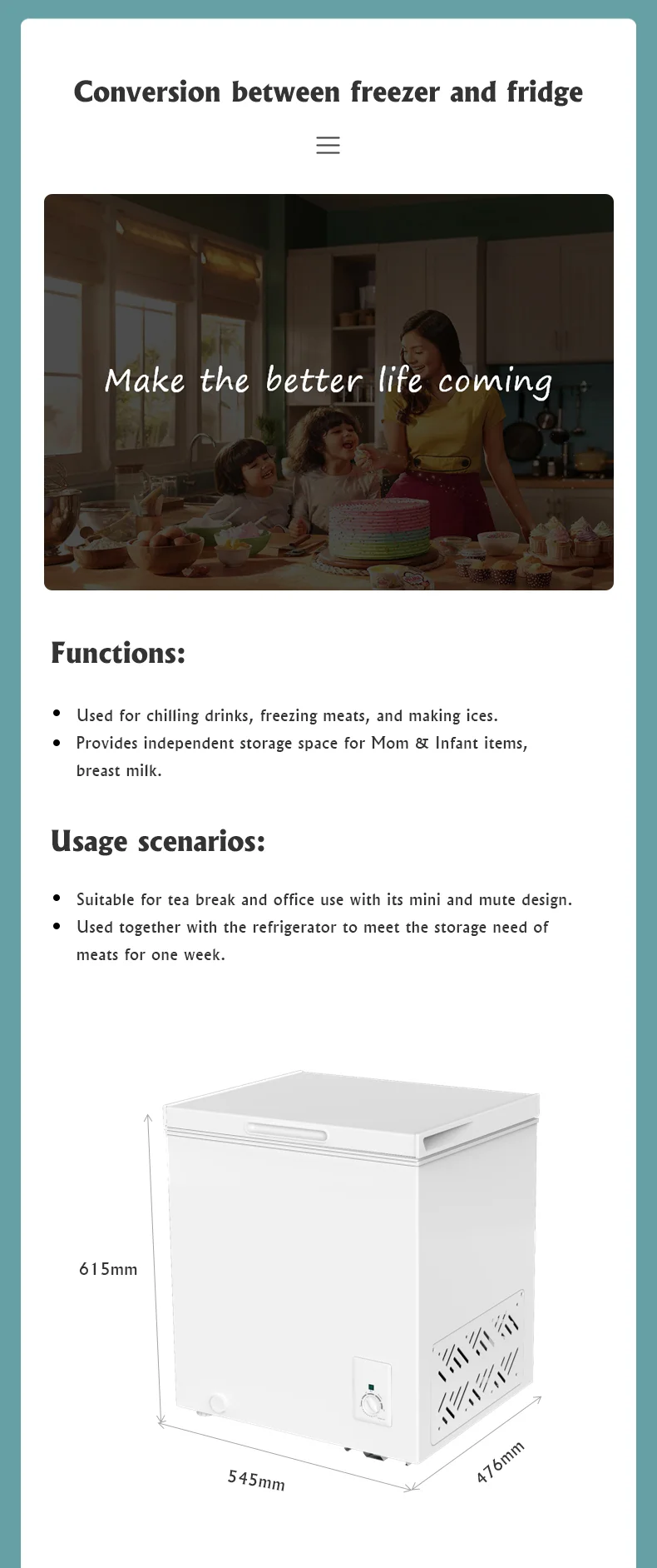 Bd66/2cu.ft Mini Freezer Single Door Chest Freezer/ Fridge 2 In 1 With