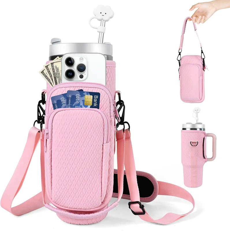 Insulated Water Bottle Sling Bag - Holder For 40oz Tumbler With Phone Pocket, Crossbody Strap (Pink) - View #5
