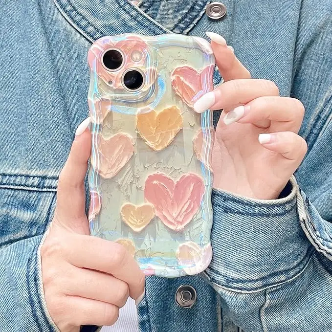 Laudtec Cute Beige Hearts Retro Oil Painting Case for iPhone 16 promx Curly Wave Edge Glitter Shockproof Protective Slim Case factory